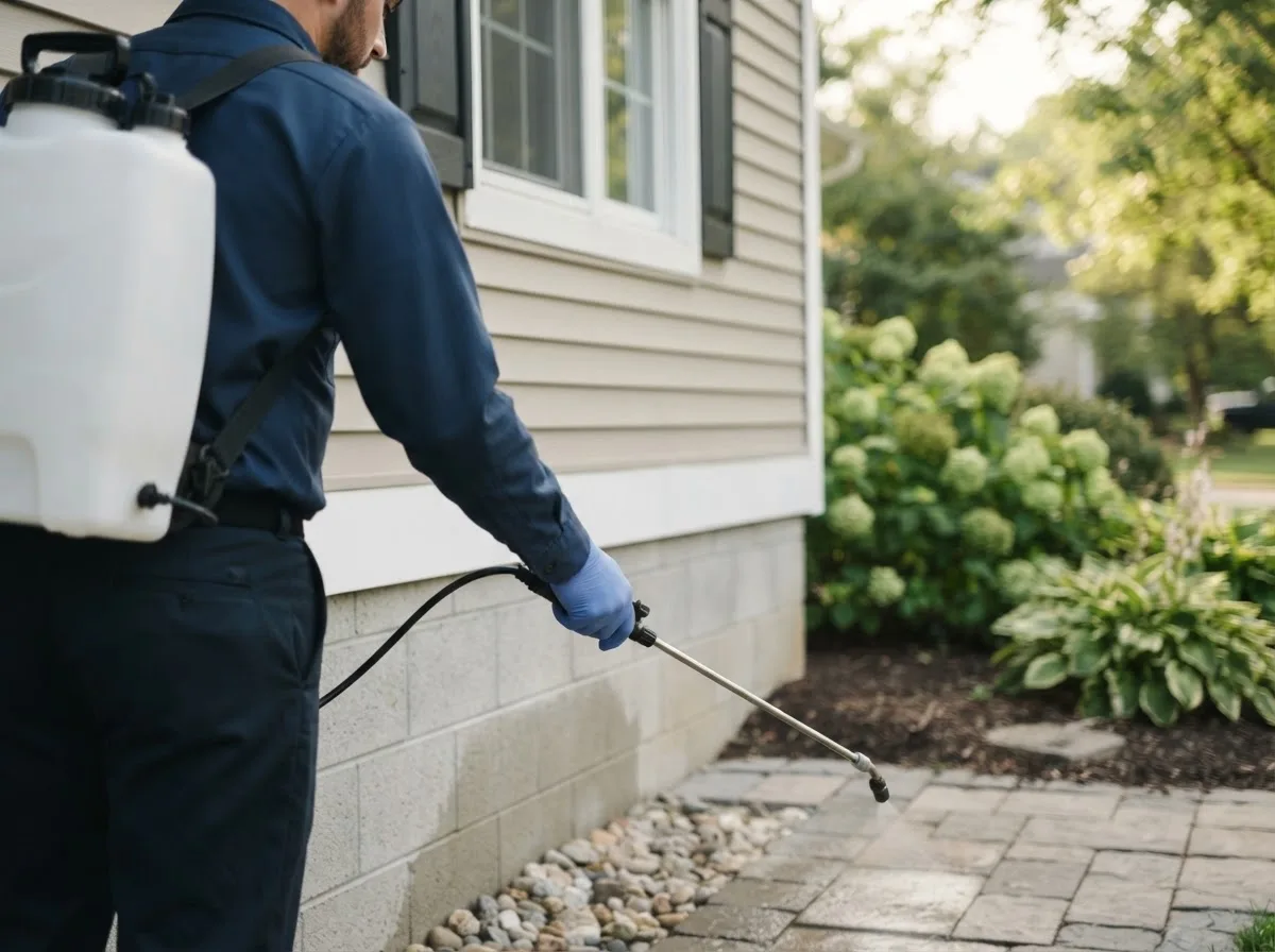 Pest control technician inspecting a home in Brady, NE